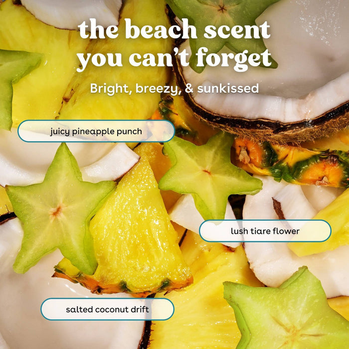 Notas aromáticas de eos Beach Waves con piña mandarina flor de tiaré coco salado y arenas cálidas
