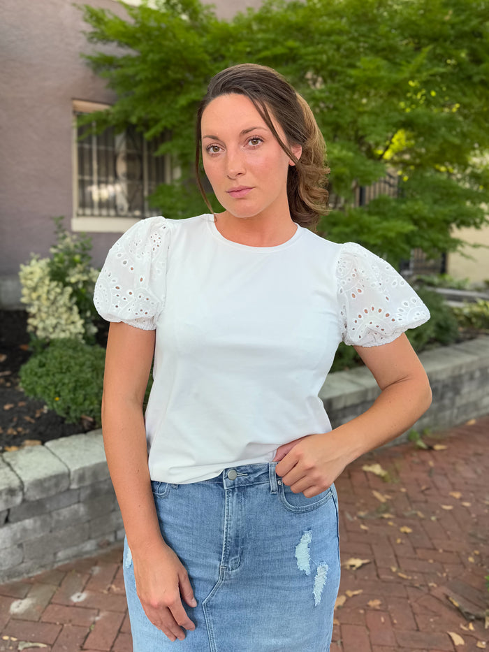 Catalina Eyelet Puff Sleeve Top in White (Final Sale)