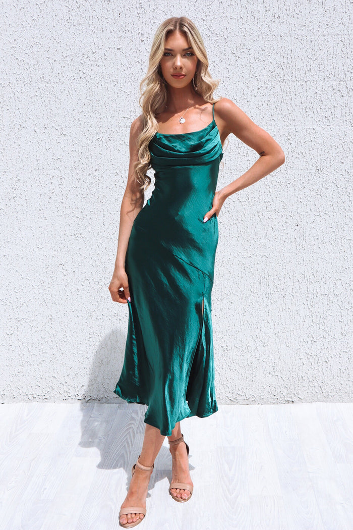 Celine Satin Midi - Forest Emerald Green - Runway Goddess