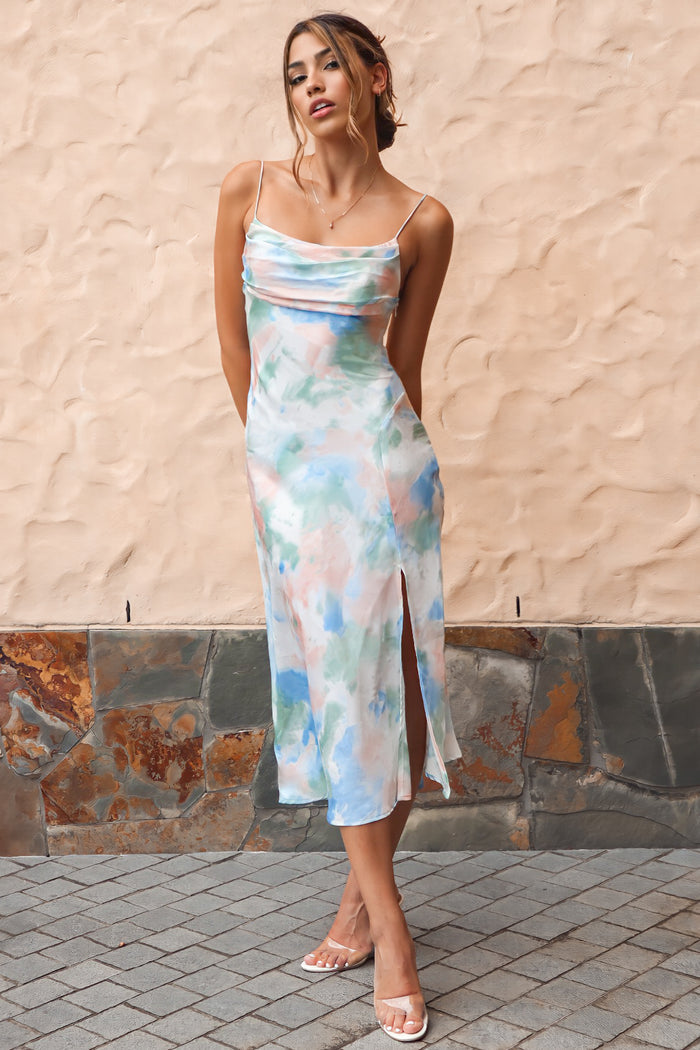 Celine Satin Midi - Green Rainbow - Runway Goddess