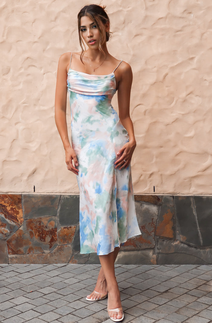 Celine Satin Midi - Green Rainbow - Runway Goddess