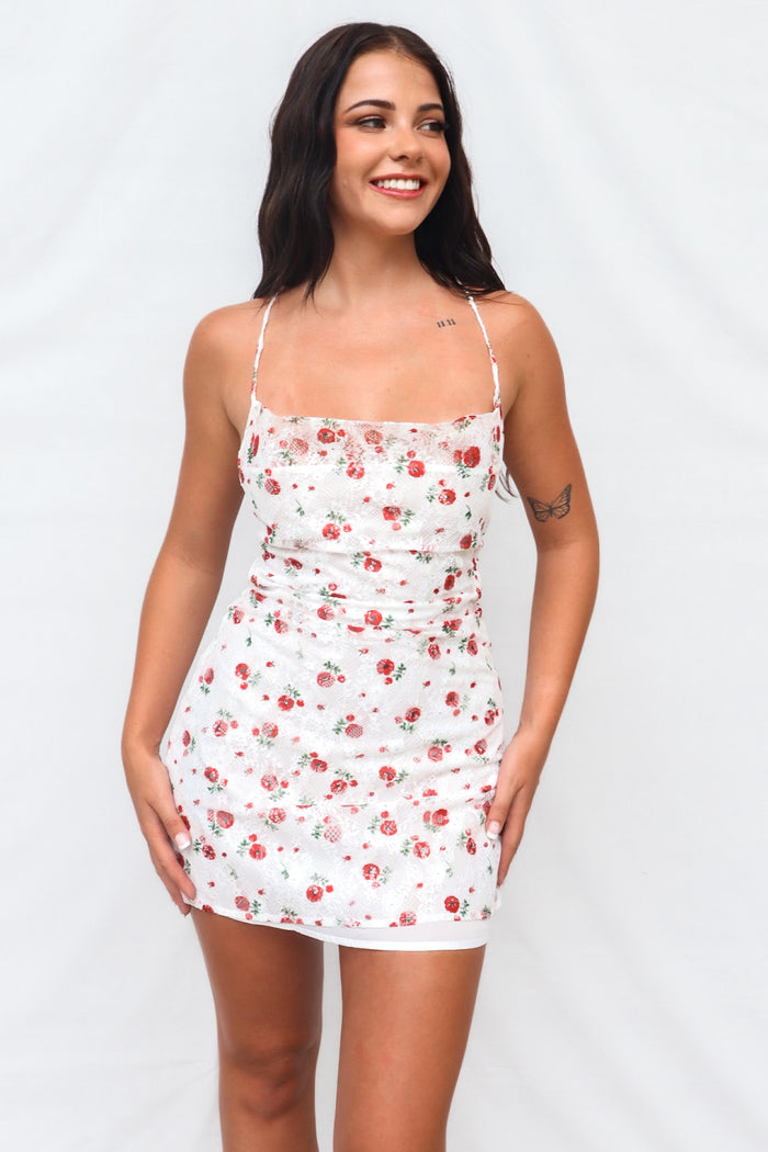 Charly Mini Dress - White Roses - Runway Goddess
