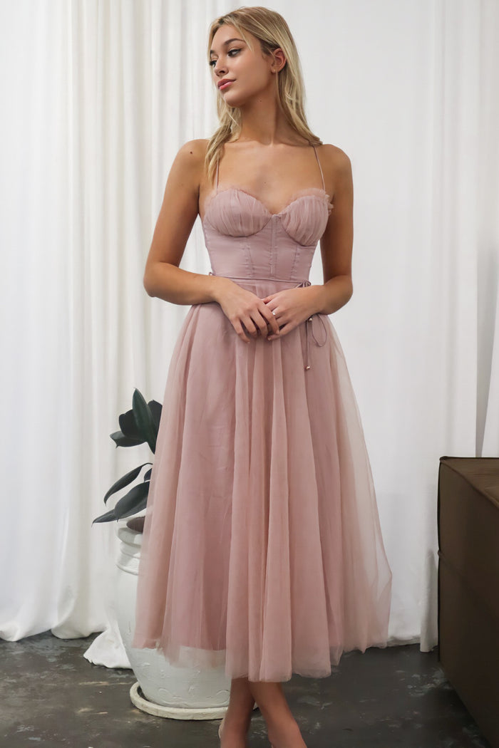 Cindy Tulle Midi Dress - Dusty Pink - Runway Goddess