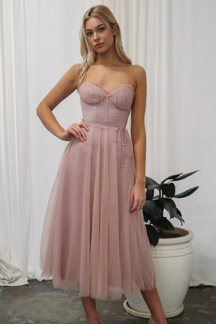 Cindy Tulle Midi Dress - Dusty Pink - Runway Goddess
