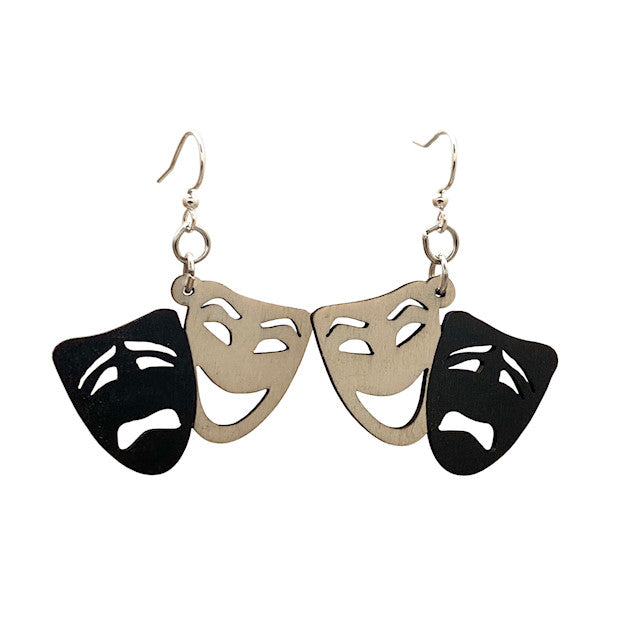 Comedy and tragedy theater mask earrings, eco-friendly jewelry made in USA