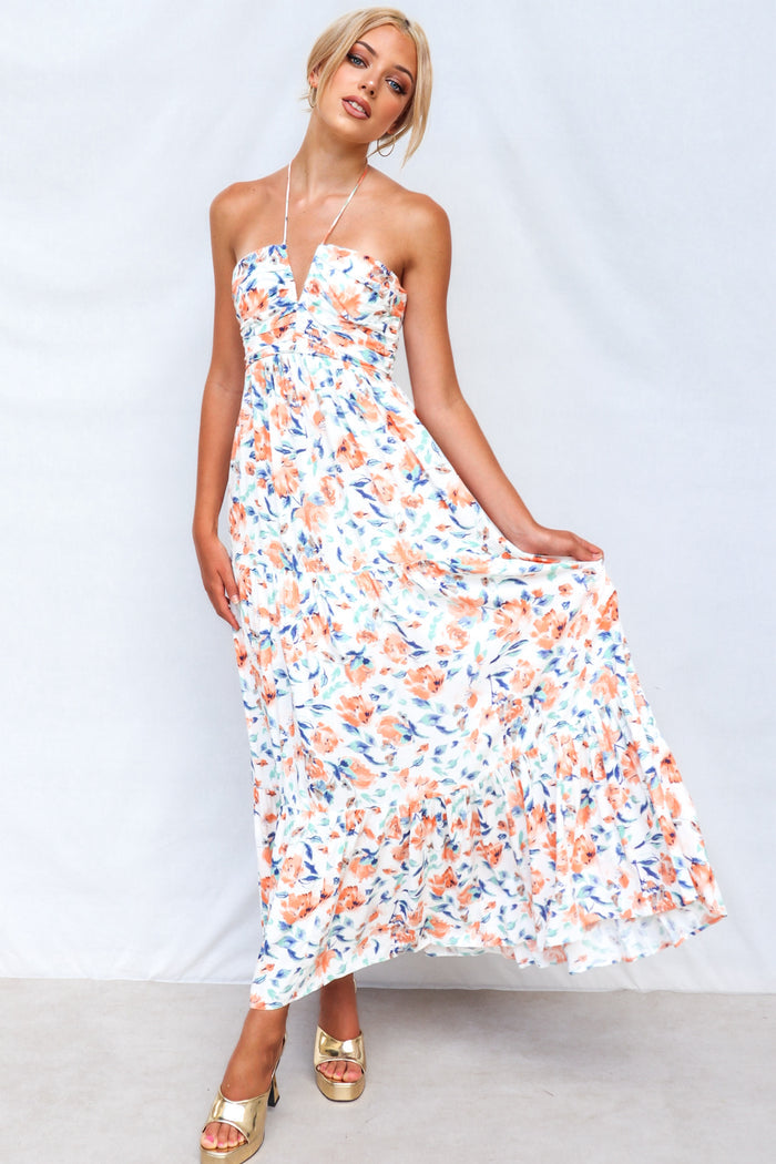 Coral Maxi Dress - Orange Print - Runway Goddess