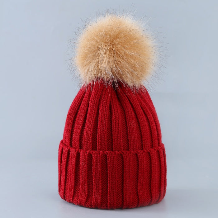 Cute Winter Knitted Hat With Fluffy Fur Pompom