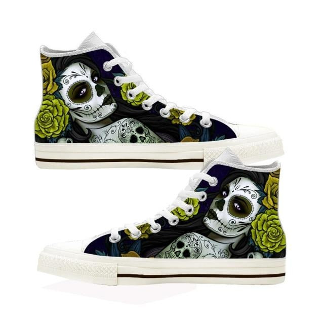 Day Of The Dead Sugar Skull Printed Lace-Up Hi Top Sneakers