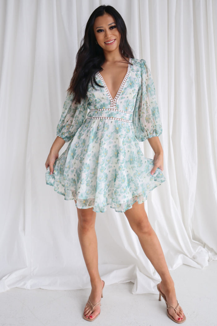 Dela Mini Dress - Sage/White Floral - Runway Goddess