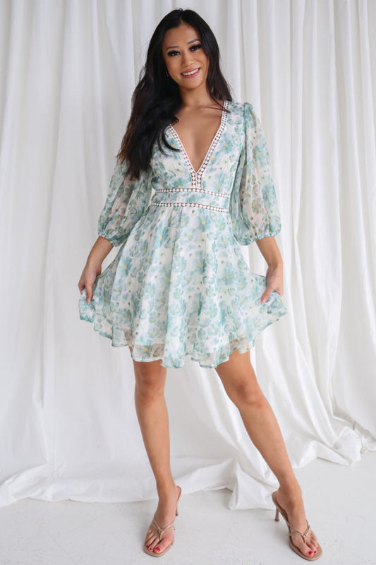 Dela Mini Dress - Sage/White Floral - Runway Goddess