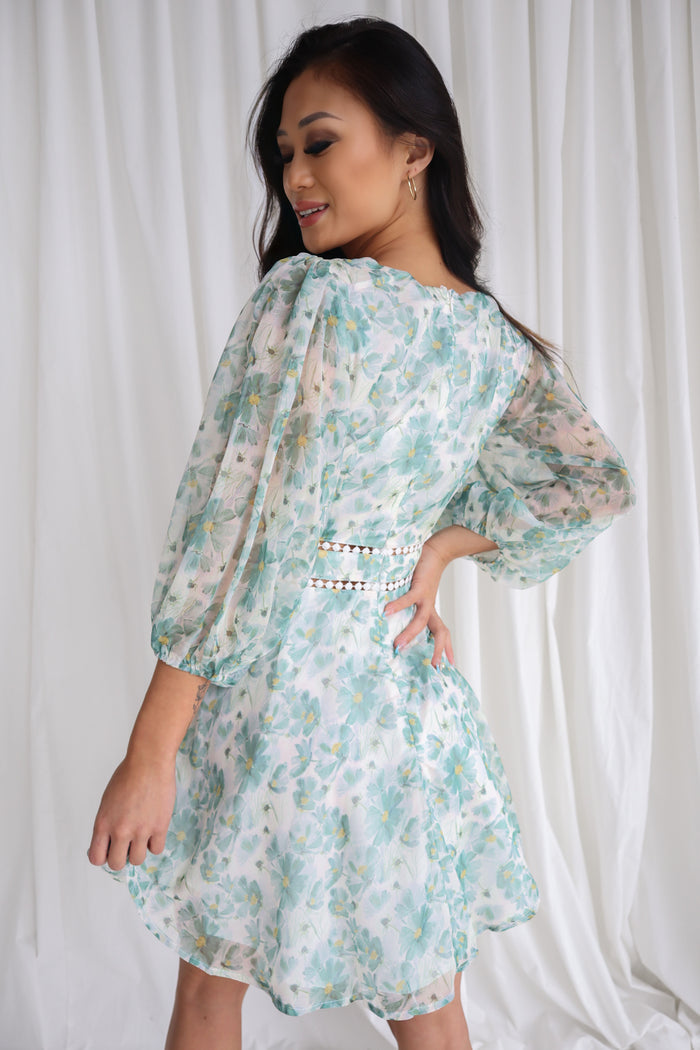 Dela Mini Dress - Sage/White Floral - Runway Goddess
