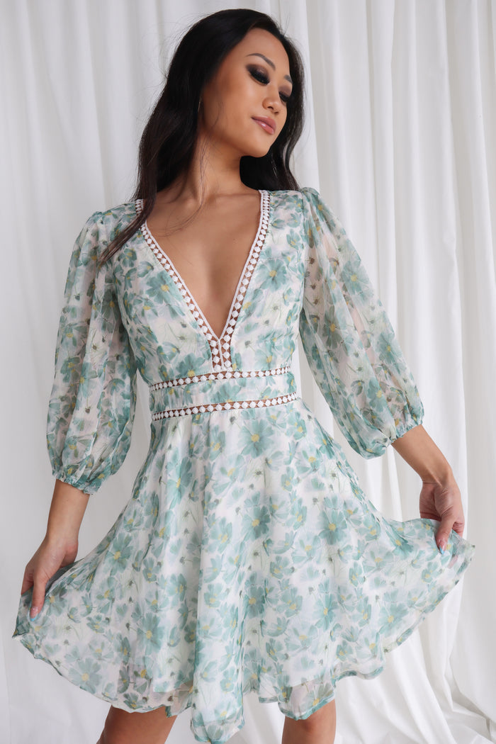 Dela Mini Dress - Sage/White Floral - Runway Goddess