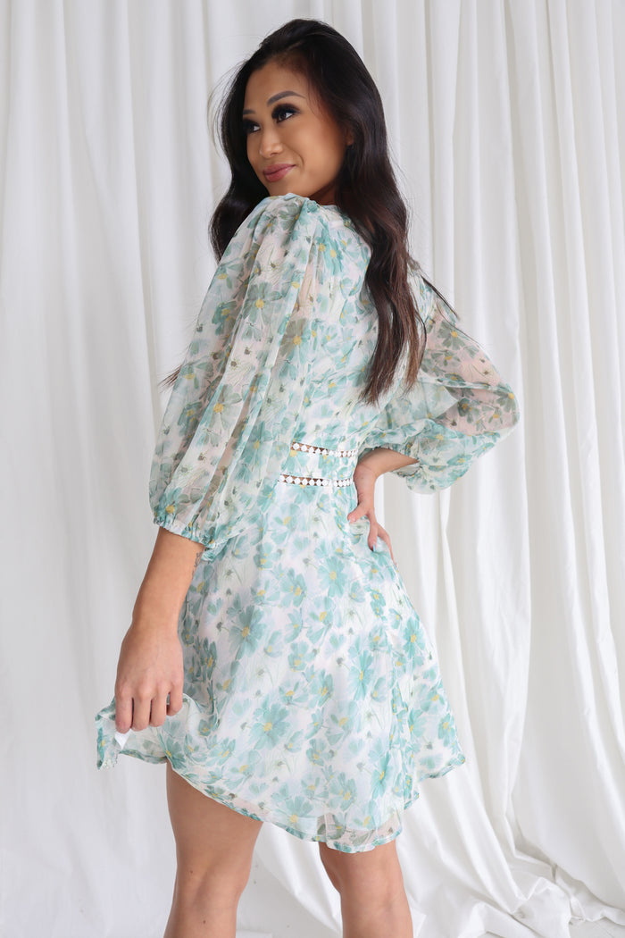 Dela Mini Dress - Sage/White Floral - Runway Goddess