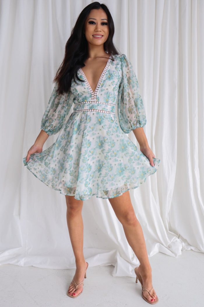Dela Mini Dress - Sage/White Floral - Runway Goddess