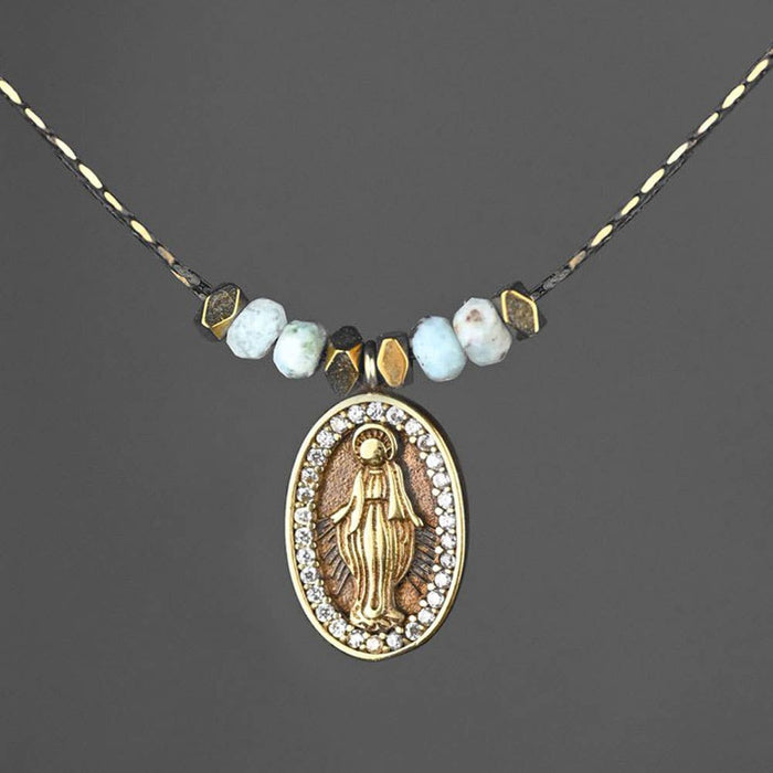 Delicate Beaded Mary w/ Small Larimar Stones Necklace: 16 + Extender