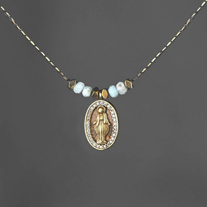 Delicate Beaded Mary w/ Small Larimar Stones Necklace: 16 + Extender