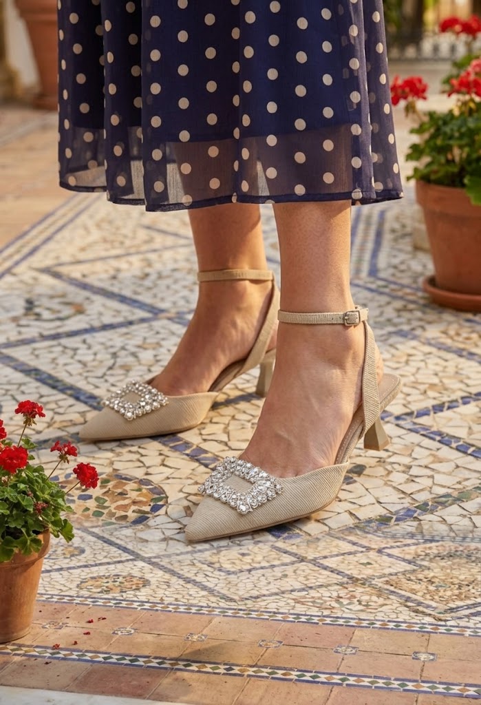 Beige high-heeled shoes with embellishments worn by a person in a navy polka dot dress on a patterned floor.