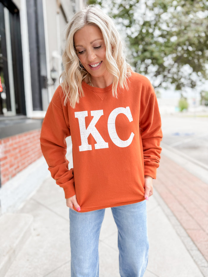 Distressed KC Crewneck Graphic Sweatshirt, Texas Orange