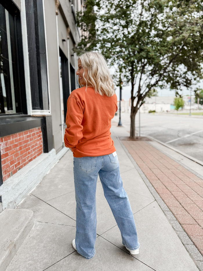 Distressed KC Crewneck Graphic Sweatshirt, Texas Orange