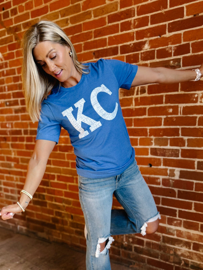 Distressed KC Crewneck Graphic Tee, Heather True Royal