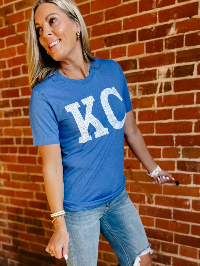 Distressed KC Crewneck Graphic Tee, Heather True Royal