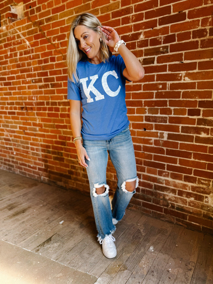 Distressed KC Crewneck Graphic Tee, Heather True Royal