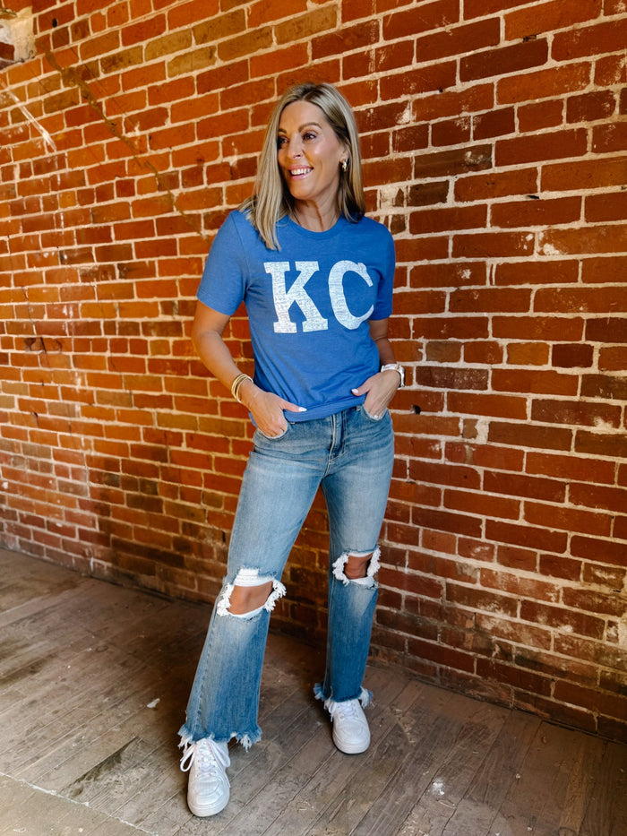 Distressed KC Crewneck Graphic Tee, Heather True Royal