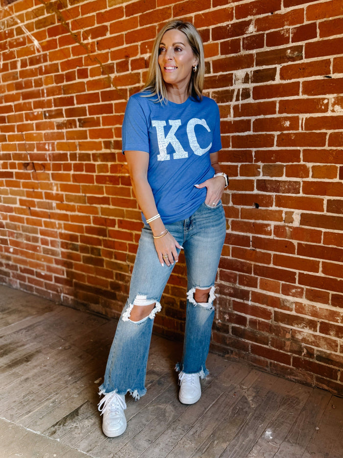 Distressed KC Crewneck Graphic Tee, Heather True Royal