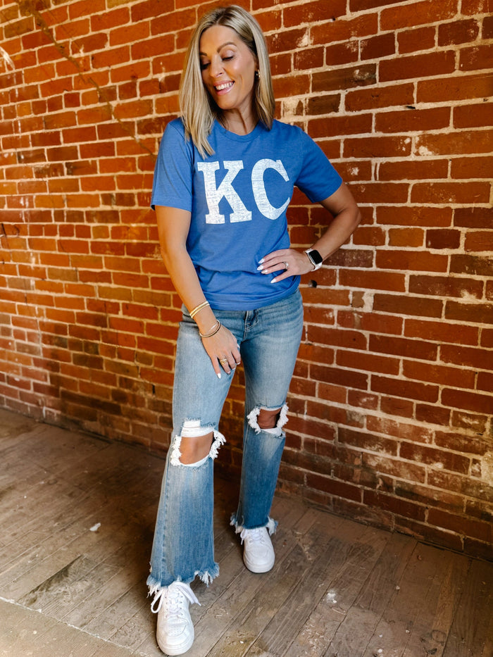 Distressed KC Crewneck Graphic Tee, Heather True Royal