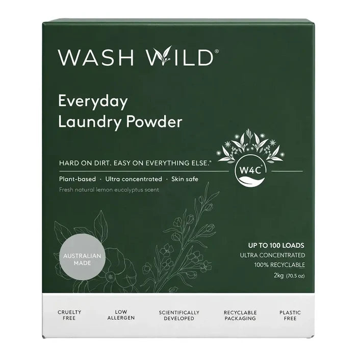 Wash Wild Everyday Laundry Powder box in a dark green color with white text and botanical illustrations, on a white background.