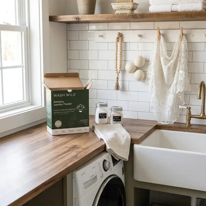 A box of Wash Wild Everyday Laundry Powder sits on a wooden countertop in a bright, modern laundry room with a white subway tile backsplash, farmhouse sink, and hanging lace towels.