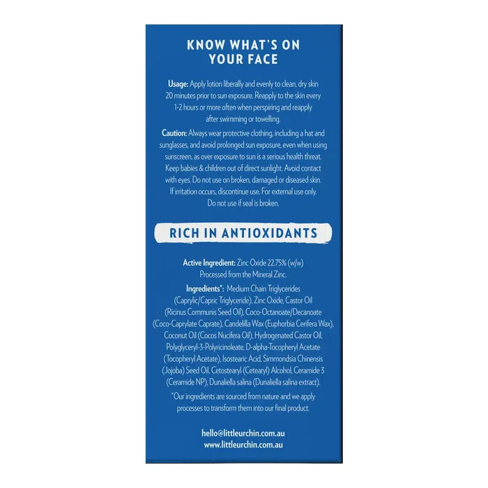 A blue product box for face sunscreen with white text detailing the usage, precautions, ingredients.