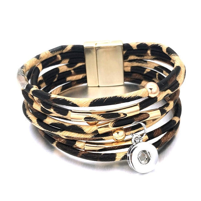 Fashion Magnetic Leopard Bracelets - Real Leather For 12mm/18mm Snap On Button Charms