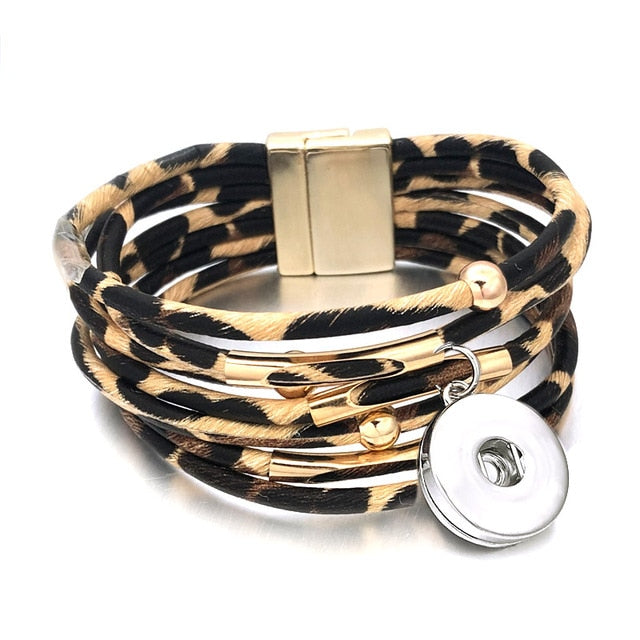 Fashion Magnetic Leopard Bracelets - Real Leather For 12mm/18mm Snap On Button Charms