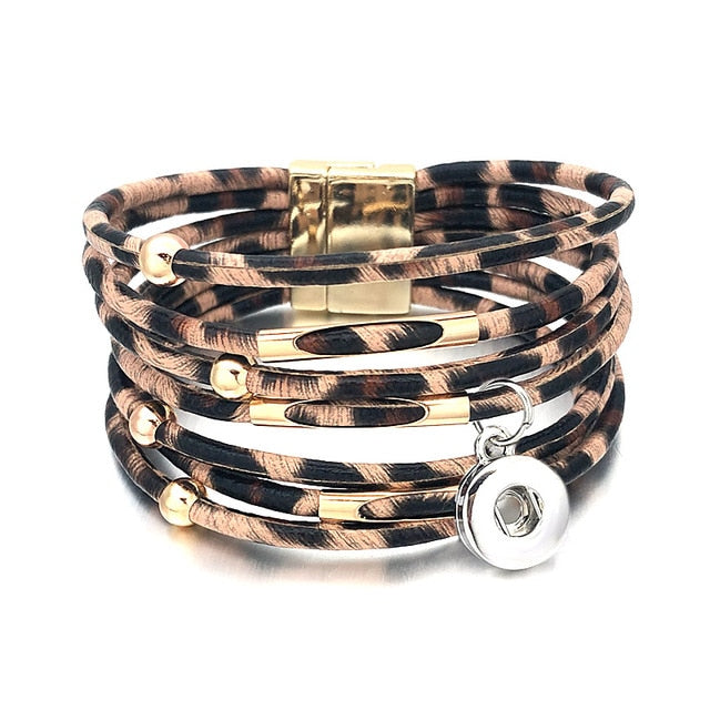 Fashion Magnetic Leopard Bracelets - Real Leather For 12mm/18mm Snap On Button Charms