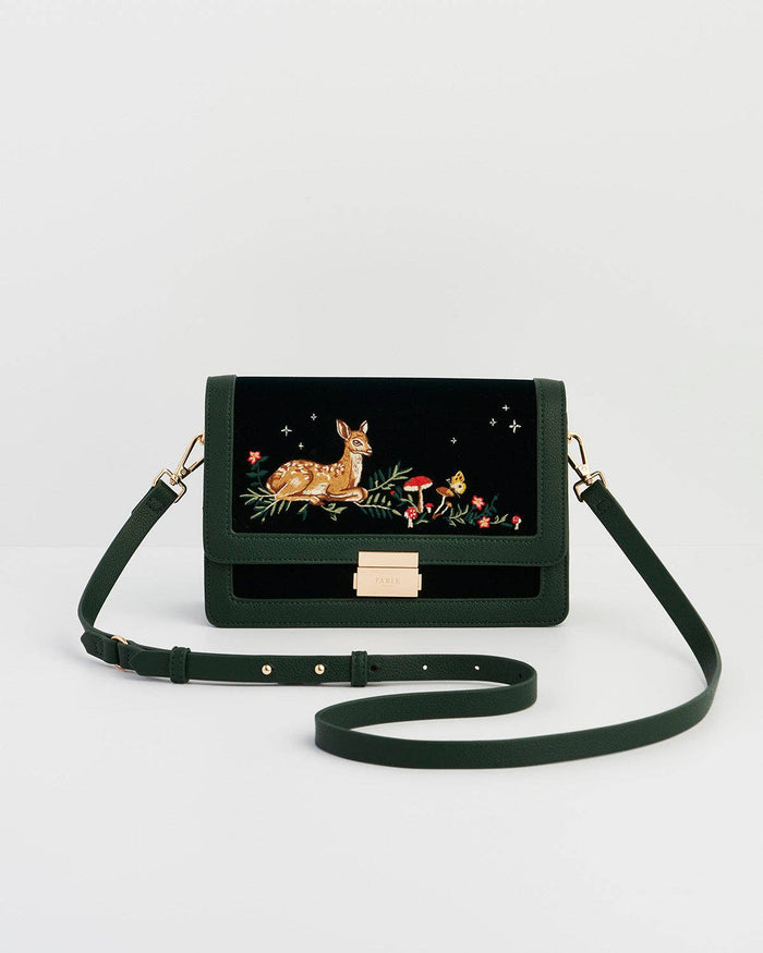 Fawn Embroidered Green Crossbody Bag