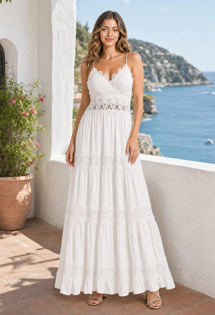 Woman in a white lace dress standing on a balcony with a scenic ocean view.