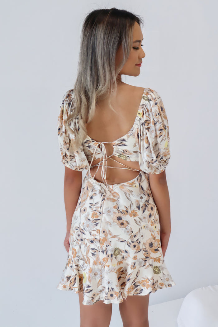 Genovia Mini Dress - Beige Floral - Runway Goddess