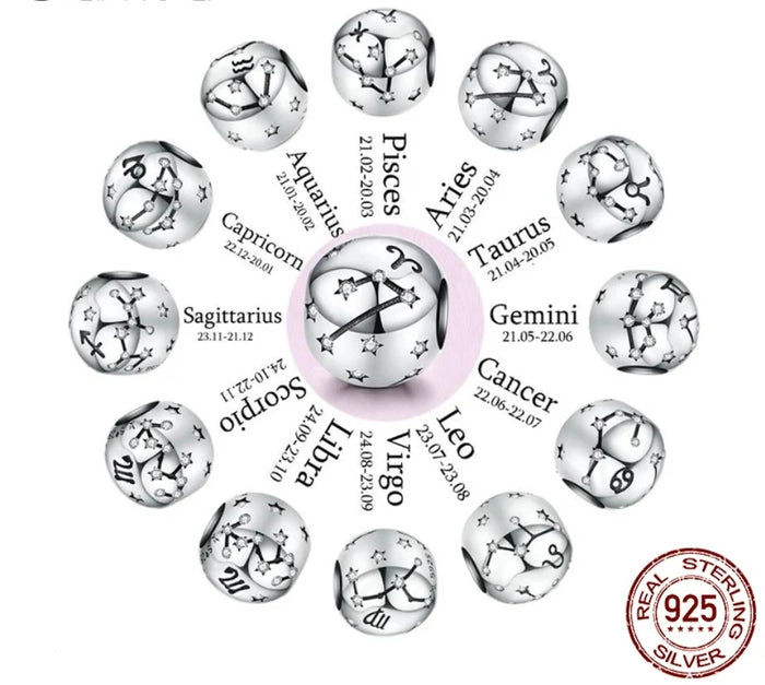 Genuine 925 Sterling Silver 12 Constellation Zodiac Round Jewels/Beads
