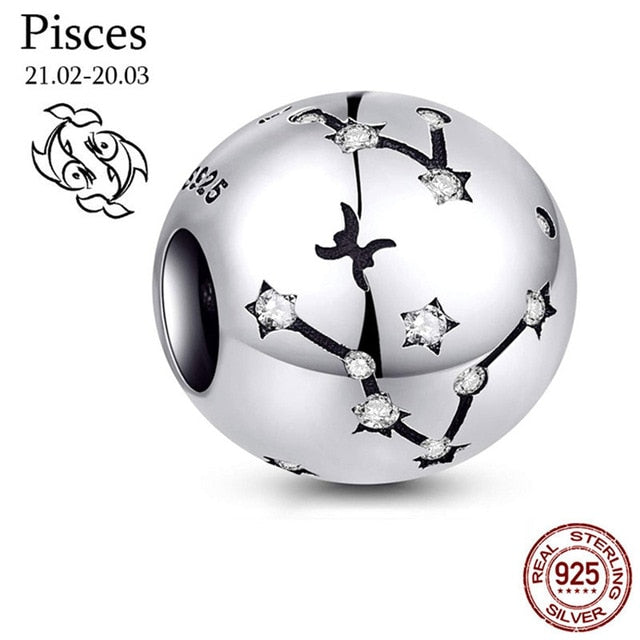 Genuine 925 Sterling Silver 12 Constellation Zodiac Round Jewels/Beads