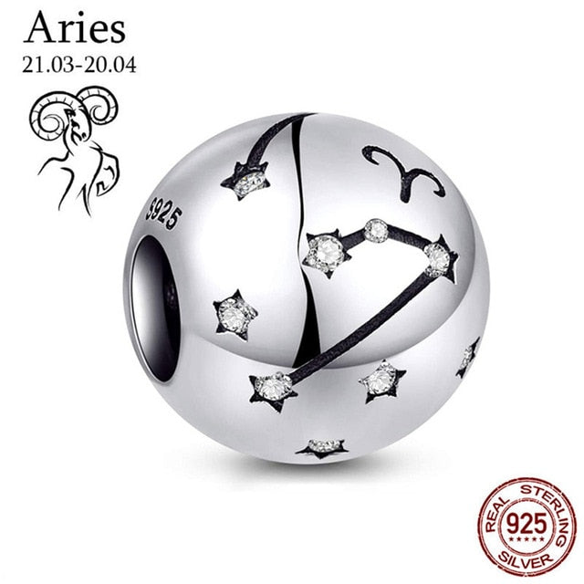 Genuine 925 Sterling Silver 12 Constellation Zodiac Round Jewels/Beads