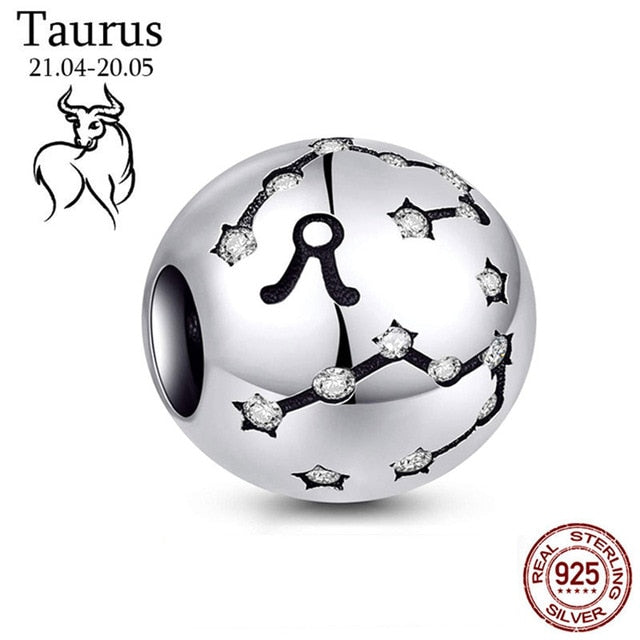 Genuine 925 Sterling Silver 12 Constellation Zodiac Round Jewels/Beads