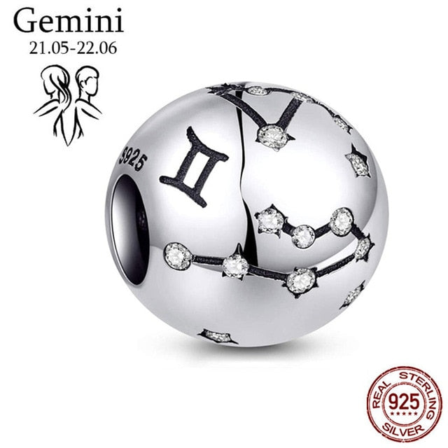 Genuine 925 Sterling Silver 12 Constellation Zodiac Round Jewels/Beads