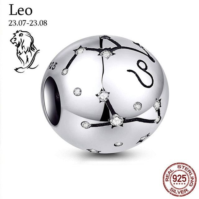 Genuine 925 Sterling Silver 12 Constellation Zodiac Round Jewels/Beads