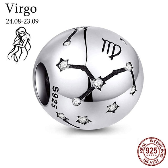 Genuine 925 Sterling Silver 12 Constellation Zodiac Round Jewels/Beads