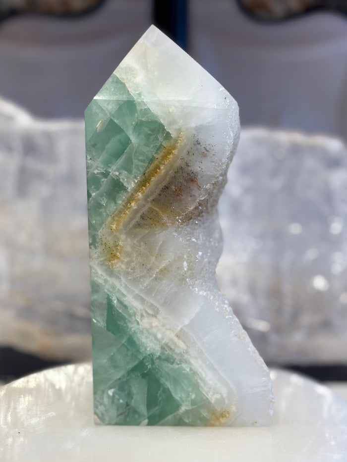 Green Fluorite with Druzy Quartz Tower