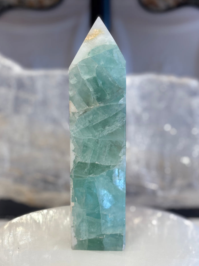 Green Fluorite with Druzy Quartz Tower