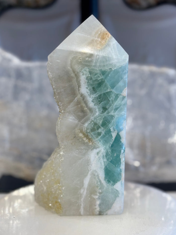 Green Fluorite with Druzy Quartz Tower