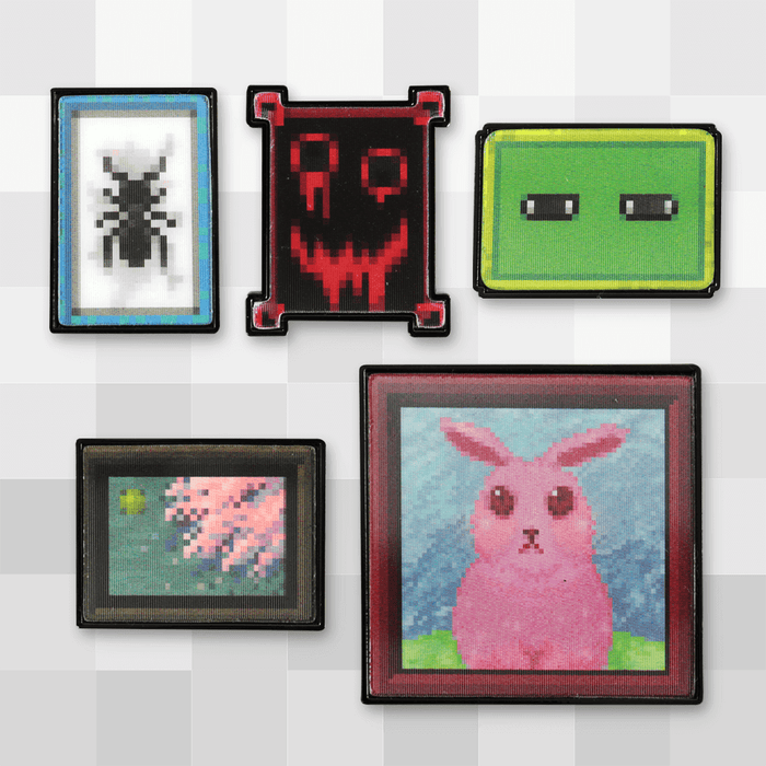 A set of five Ib lenticular pins in one of their two states. There’s an insect, a bloody red face, a pair of eyes, an abstract space image, and a pink bunny.