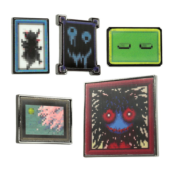A set of five Ib lenticular pins in one of their two states. There’s a frame with a black hole at the center, a bloody blue face, a pair of closed eyes, an abstract space image, and a blue doll with wild hair.